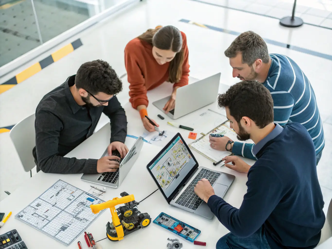 A team of engineers working on a custom automation project in a tech lab, showcasing Custom Automation Solutions.