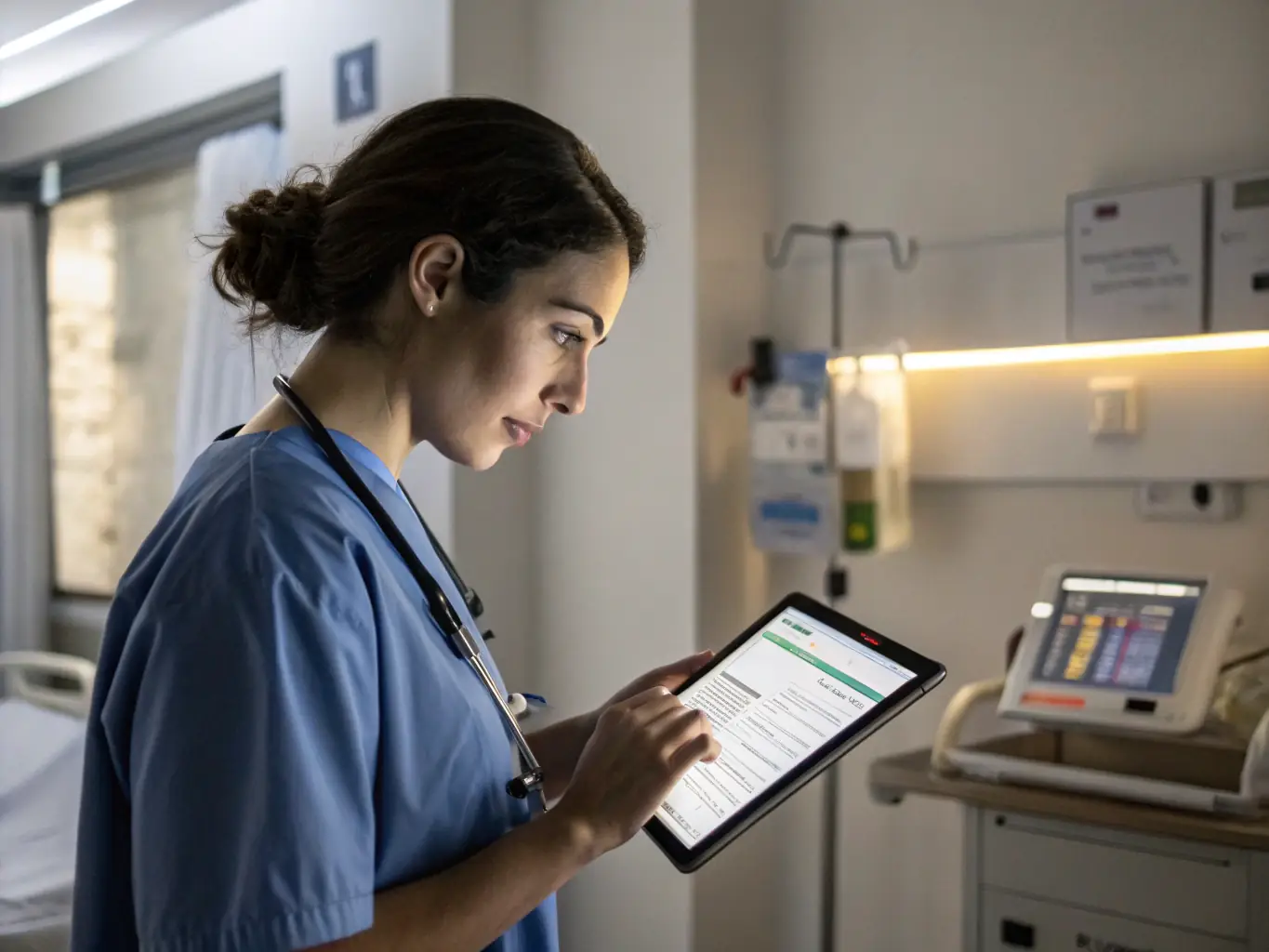 A healthcare professional using an automated system to manage patient data, illustrating Industry-Specific Automation.