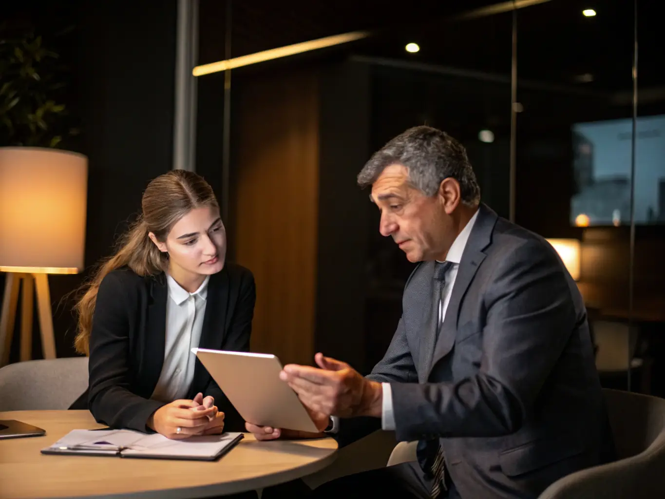 A consultant discussing automation strategies with a client in a modern office setting, representing AI Automation Consulting.
