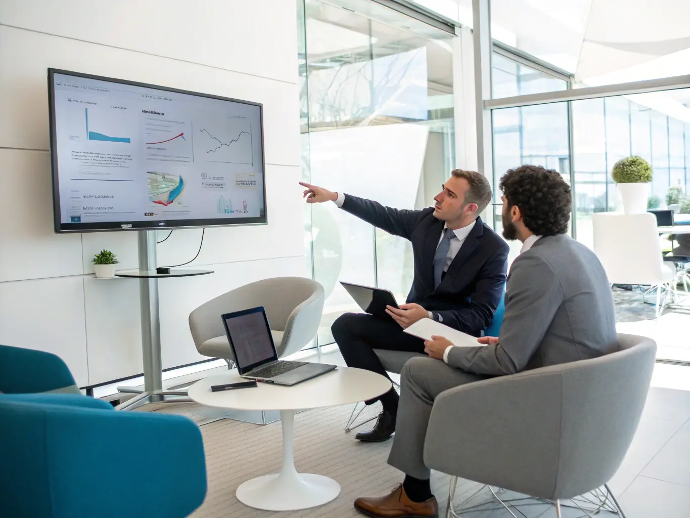 A consultant discussing automation strategies with a client in a modern office setting, emphasizing collaboration and strategic planning.