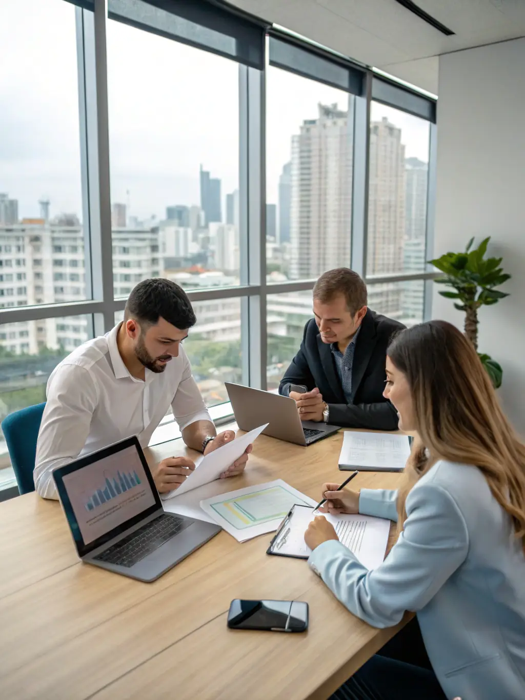 A consultant discussing automation strategies with a client in a modern office setting, emphasizing collaboration and strategic planning.