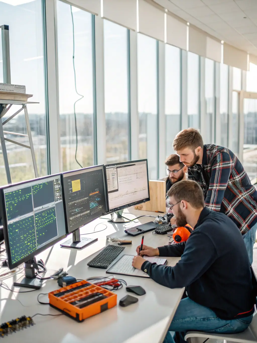 A team of engineers working on a custom automation project in a tech lab, showcasing innovation and technical expertise.