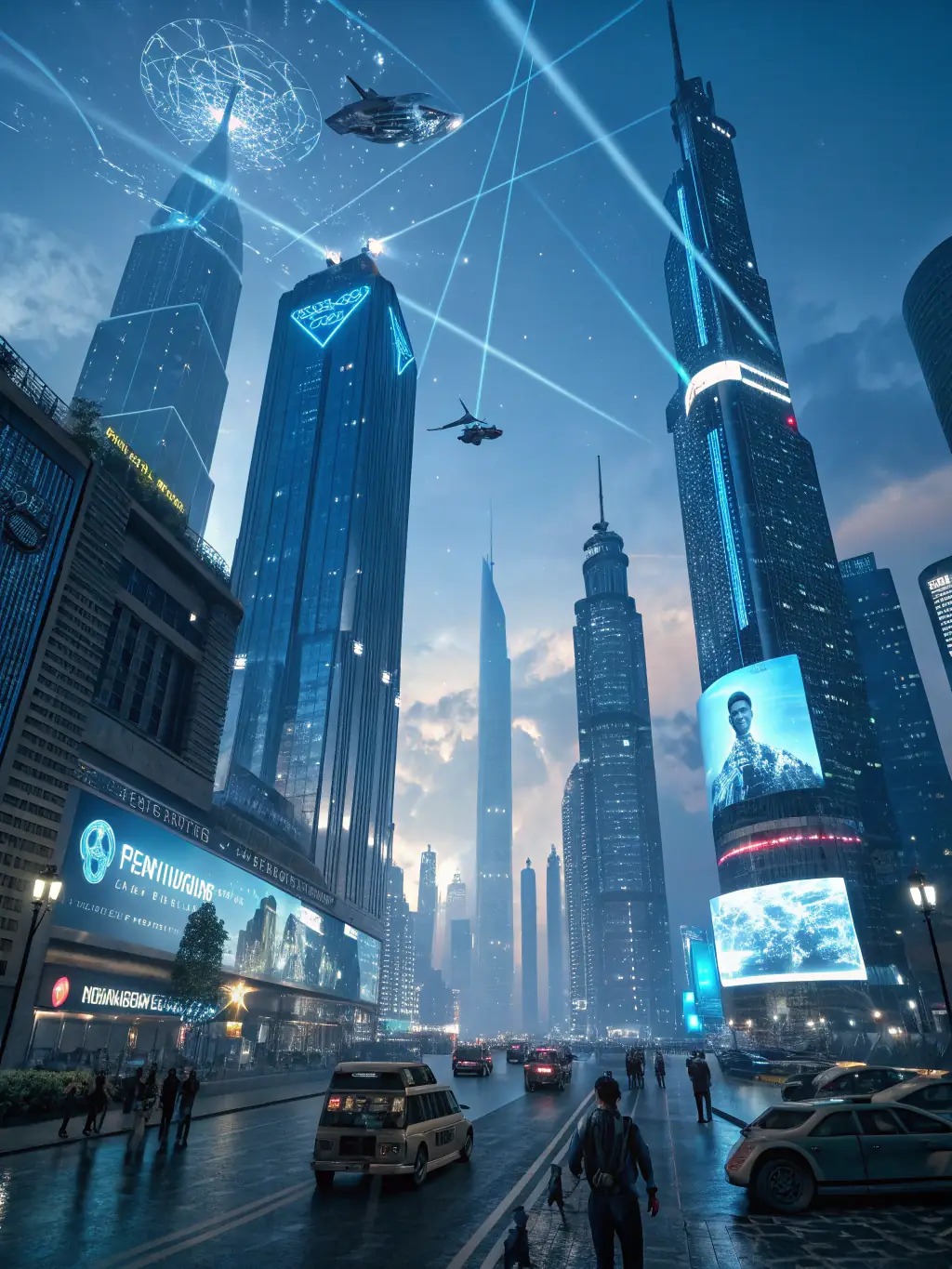 A futuristic cityscape with automated systems managing traffic and energy, illustrating the potential of AI in urban environments.