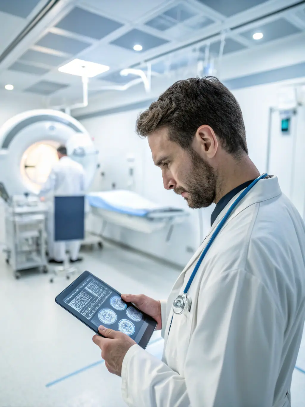 A healthcare professional using an automated system to manage patient data, highlighting industry-specific applications of AI.
