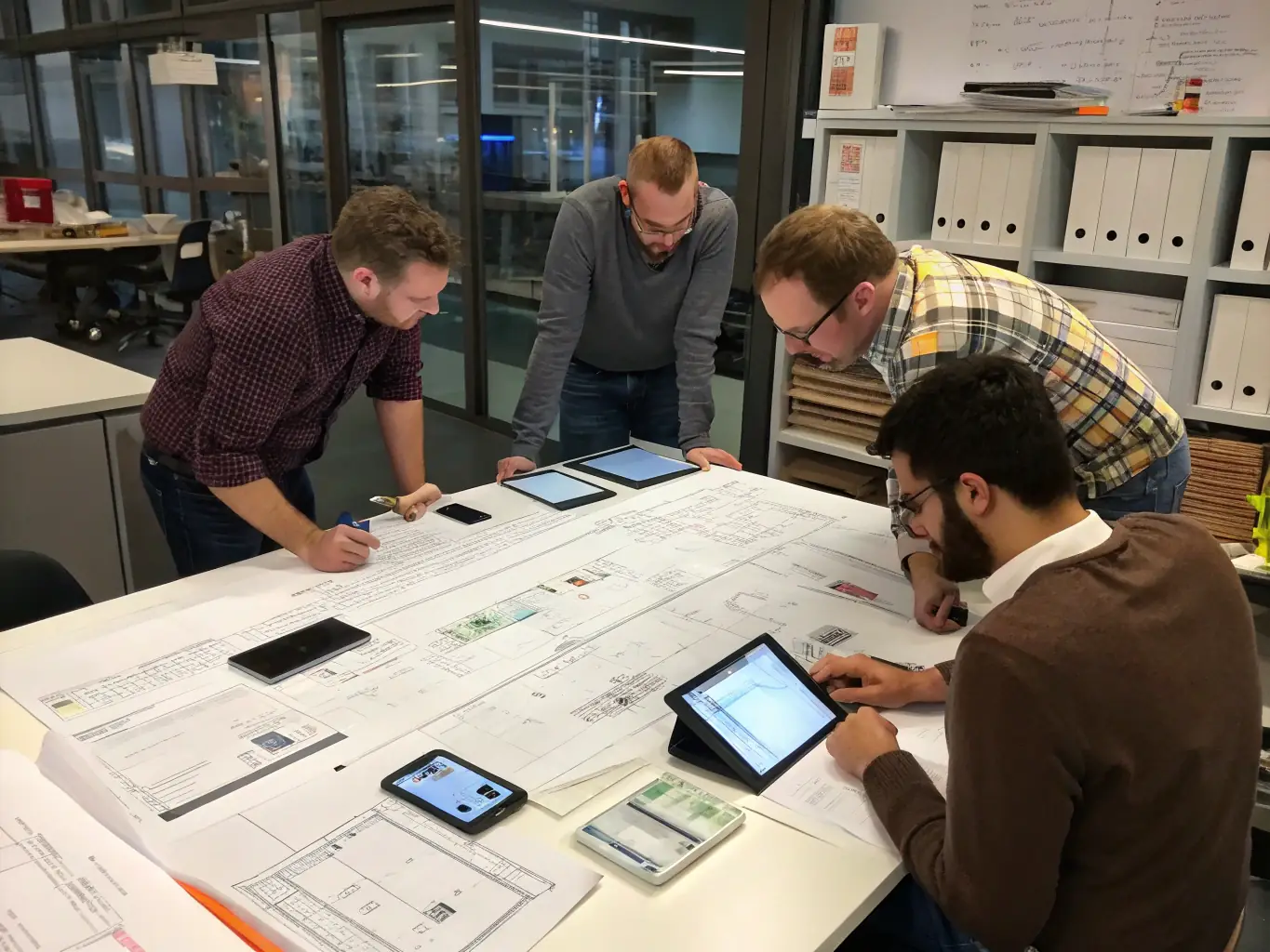 A team of engineers working on a custom automation project in a tech lab, showcasing innovation and technical expertise.
