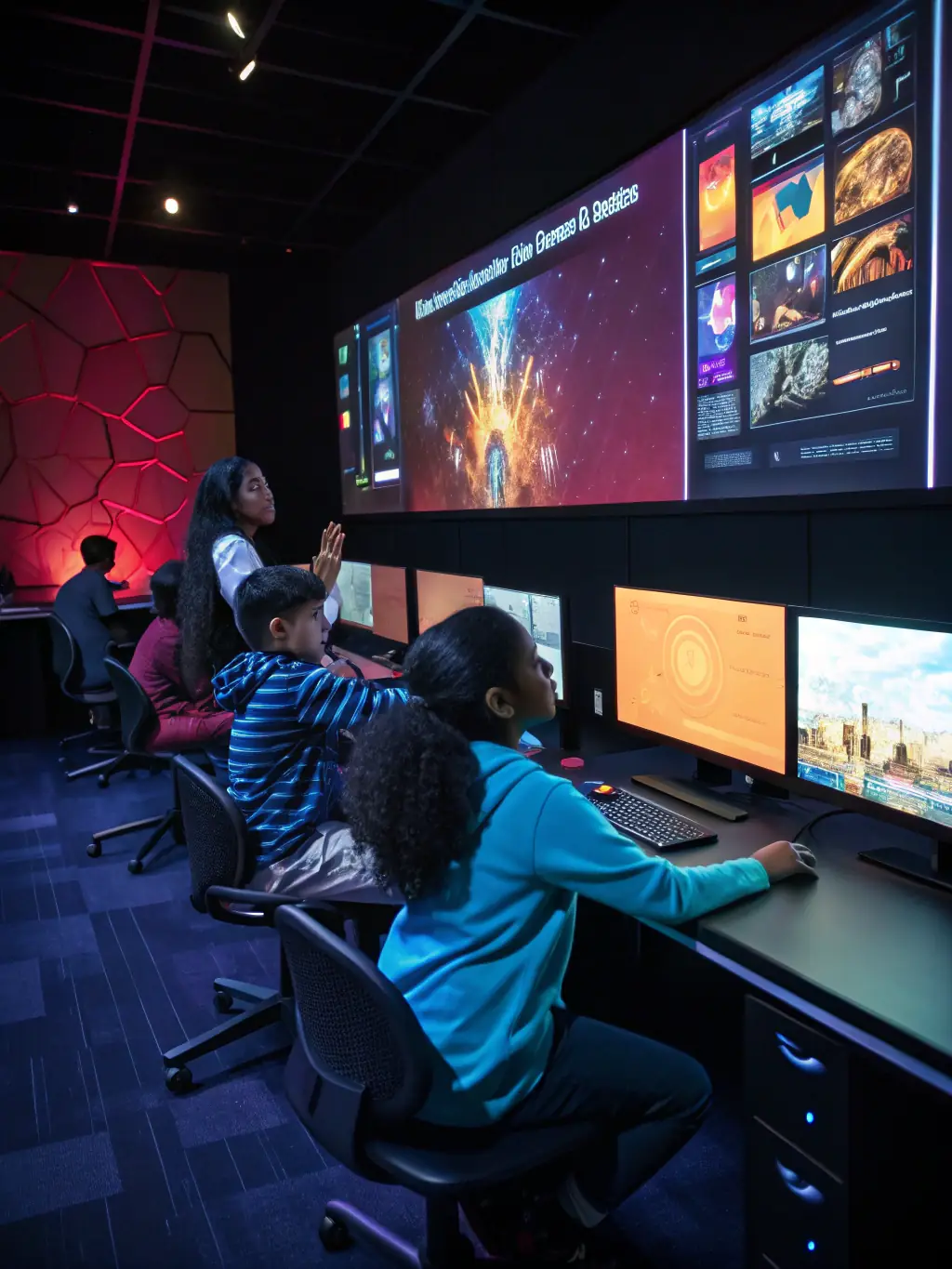 A classroom with personalized learning platforms adapting to each student's needs. AI tutors are providing customized support, demonstrating automation in education.