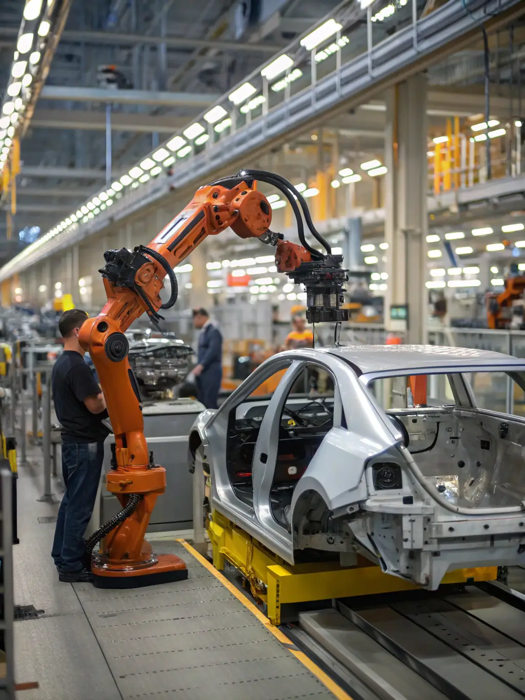 A professional photograph of a robotic arm assembling a product on a manufacturing line, showcasing the precision and efficiency of AI-driven automation in industrial settings.