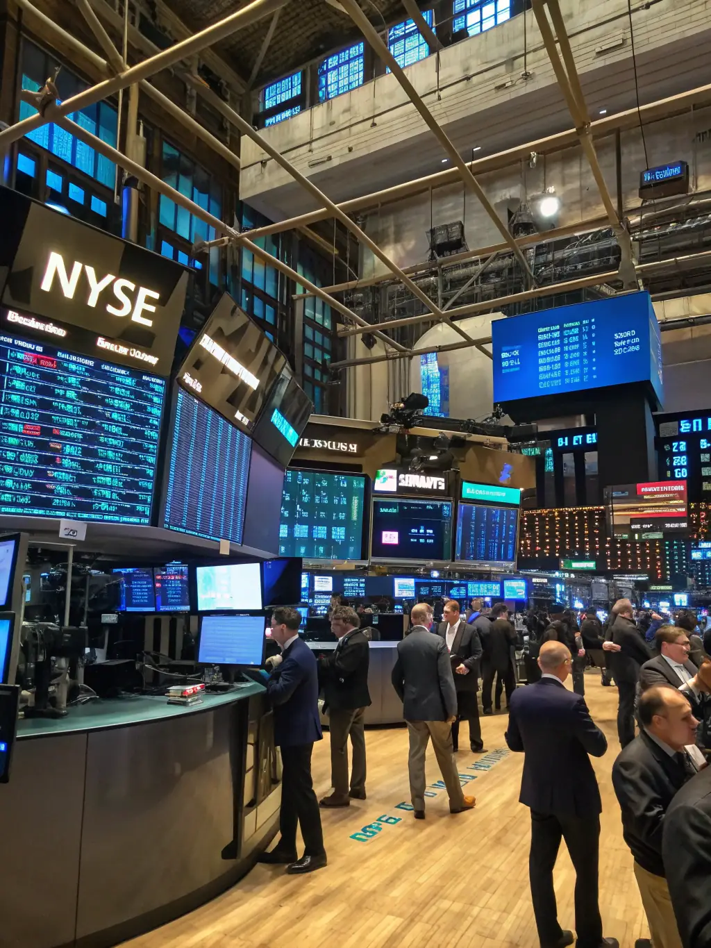 A bustling financial trading floor with AI algorithms analyzing market trends in real-time. Traders are using AI-powered insights to make informed decisions, demonstrating automation in finance.