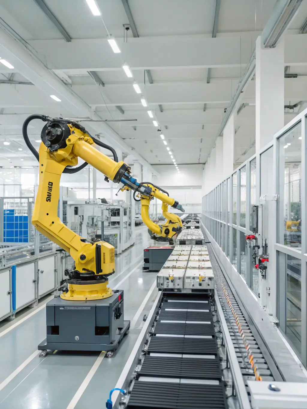 A smart factory floor with robotic arms assembling products with precision and speed. AI-powered systems are monitoring production processes, showcasing automation in manufacturing.