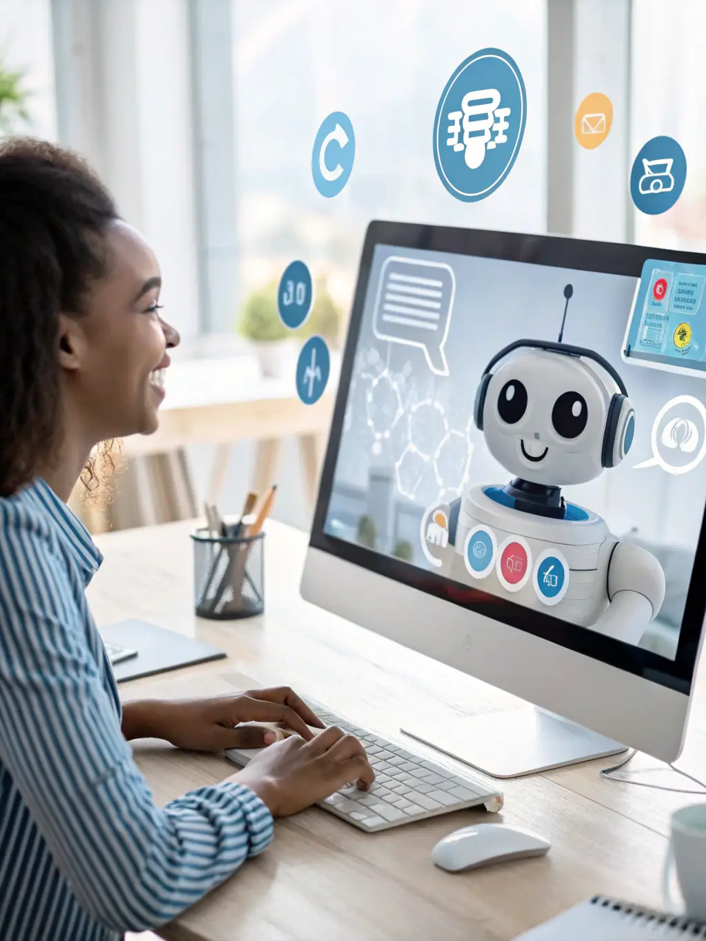 A digital illustration of a virtual assistant managing customer inquiries through a chatbot interface, highlighting the responsiveness and scalability of AI in customer service.