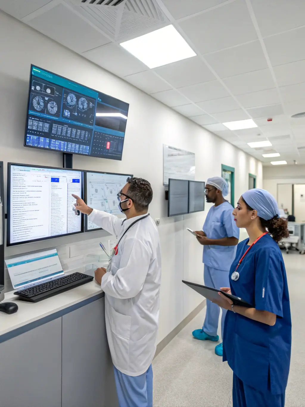 A brightly lit, modern hospital room with an AI-powered diagnostic system displaying patient data on a large screen. Doctors and nurses are interacting with the system, showcasing AI's role in healthcare automation.